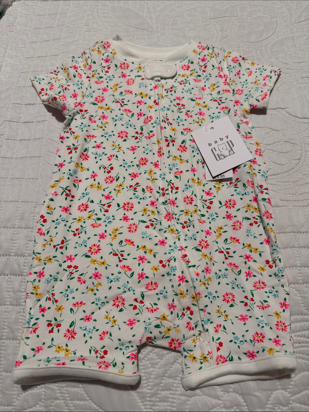 GAP Floral Short Sleeve One-Piece Romper in White with Pink & Yellow Flowers